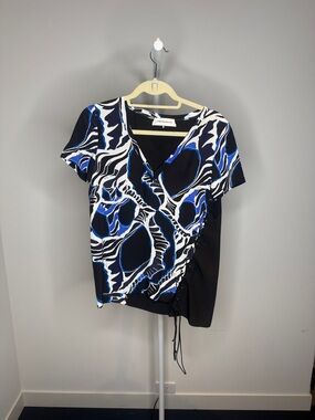 Emilio Pucci Black, White & Blue Abstract V-Neck Side-Tie Top